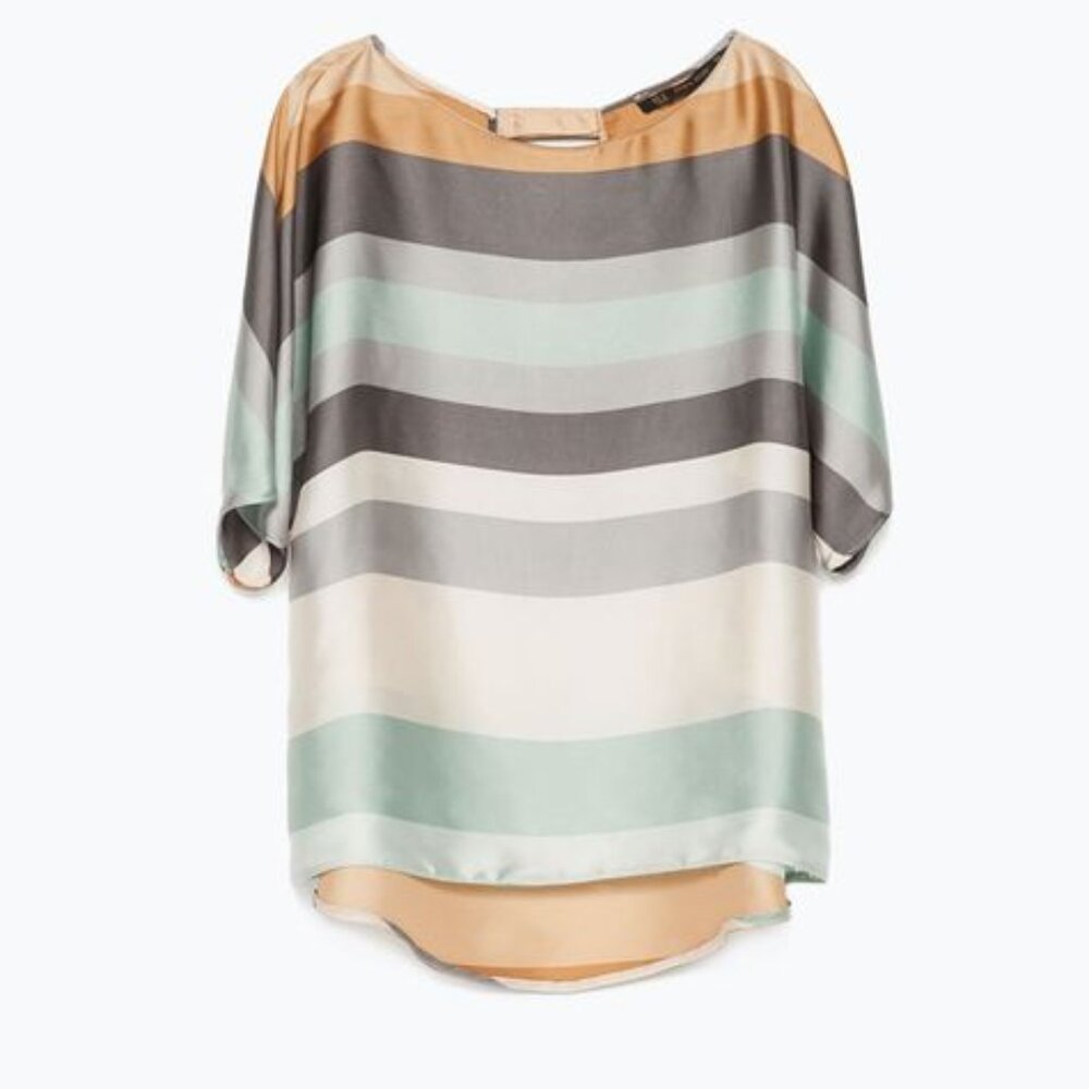 Zara Silky Short Sleeve Blouse with Cream, Gold & Blue Stripes